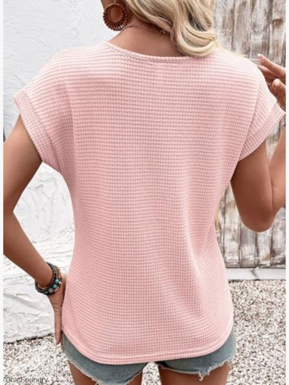 Waffle Knit Lace Sleeve Short Sleeve T-Shirt Loose Fit Summer Top - Picture 2 of 7